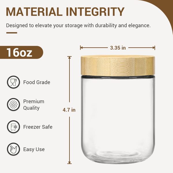 4-pack 16oz Glass jars with Airtight Lids, Overnight Oats Containers with Bamboo Lids, Wide mouth Mason Salad jars, Glass Food Storage Containers for Snacks Yogurt Spice Sugar