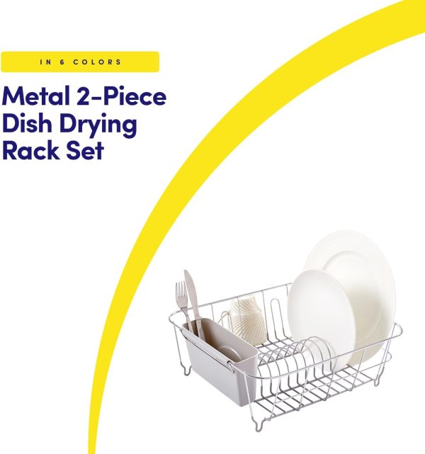 Compact 2-piece sink cutlery drainer set (including cutlery holder), rubber bottom for non-slip, silver