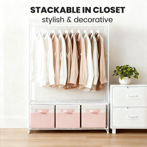 Large Closet Organizer Bins with Lids 4 Pack - Pink Storage Baskets for Shelves Nursery Bedroom Dorm RV - Stackable Decorative Closet Organization Box with Handles for Clothes Purse Blanket Towel