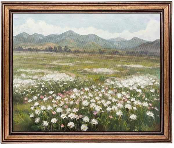 Gold Framed Wall Art Vintage Landscape Wildflowers Mountain Painting Canvas Print for Bedroom Living Room Wall Decor (wildflowers, 20L" x 16W")