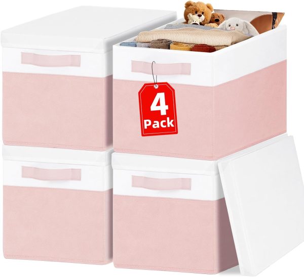 Large Closet Organizer Bins with Lids 4 Pack - Pink Storage Baskets for Shelves Nursery Bedroom Dorm RV - Stackable Decorative Closet Organization Box with Handles for Clothes Purse Blanket Towel