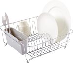 Compact 2-piece sink cutlery drainer set (including cutlery holder), rubber bottom for non-slip, silver
