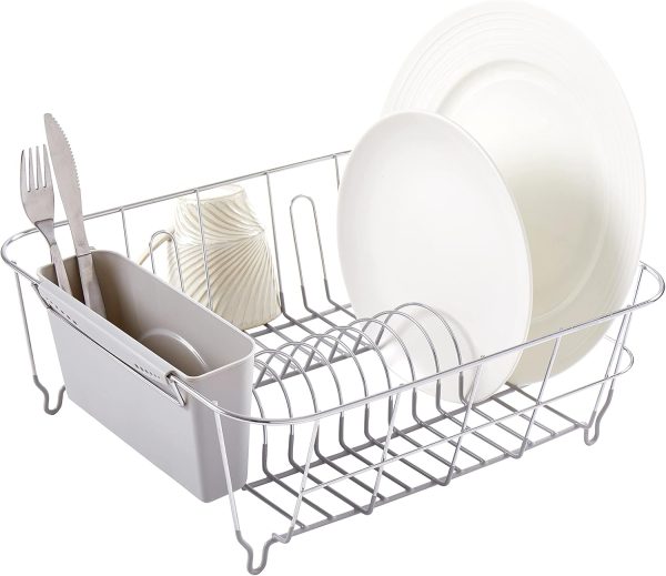 Compact 2-piece sink cutlery drainer set (including cutlery holder), rubber bottom for non-slip, silver