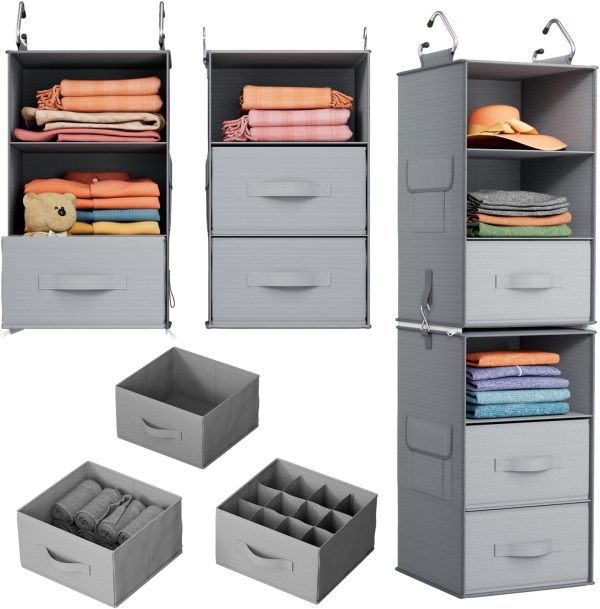 6-Shelf Hanging Closet Organizer with 2 Separable 3-Tier Shelves, 3 Drawers & Side Pockets Closet Organizers and Storage for Wardrobe Organization and Nursery Clothes Organizer, Gray