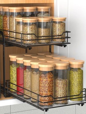 Double-Layer Drawer-Type Spice Rack (7.5''W x 10.5''D x 9.5''H), Height Adjustable Heavy-Duty Metal Basket, Suitable for Cabinet Installation