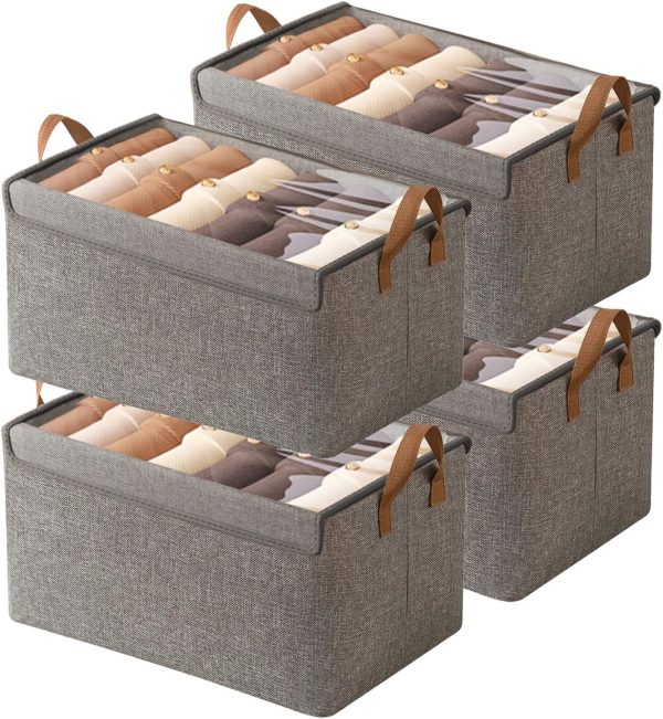Closet Clothes Organizer Bins 4 Pc, Fabric Box Storage Shelf Bins Stackable, Foldable Closet Shelf Storage Container with Lid, Fabric Storage Bin with Steel Frame, 23L (4 Gray with Lid)