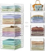 4-Tier Stackable Closet Organizers and Storage Shelves, Foldable & Mutifunctional Clothes Storage Basket Sweater Organizer Bins Container for Wardrobe Kitchen Office Bathroom, White