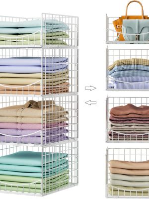 4-Tier Stackable Closet Organizers and Storage Shelves, Foldable & Mutifunctional Clothes Storage Basket Sweater Organizer Bins Container for Wardrobe Kitchen Office Bathroom, White